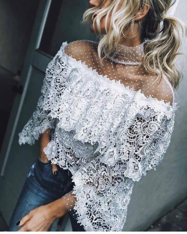 Casual Sexy Ruffle Lace Blouse