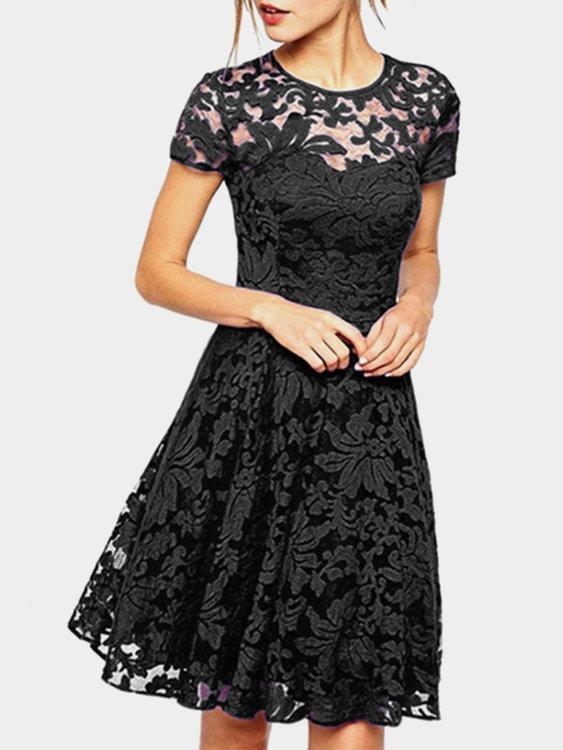 Lace Details Round Neck Short Sleeves Mini Dresses with Lined