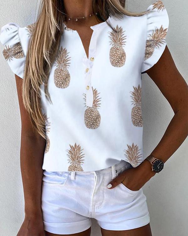 Women Print Ruffles Sleeve Casual Shirt Top