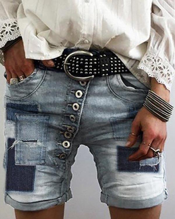 Patch Paneled Buttoned Folds Casual Short Jeans