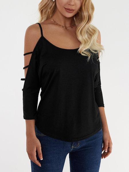 Black Cold Shoulder 3/4 Length Sleeve Tshirts with Strappy Detail