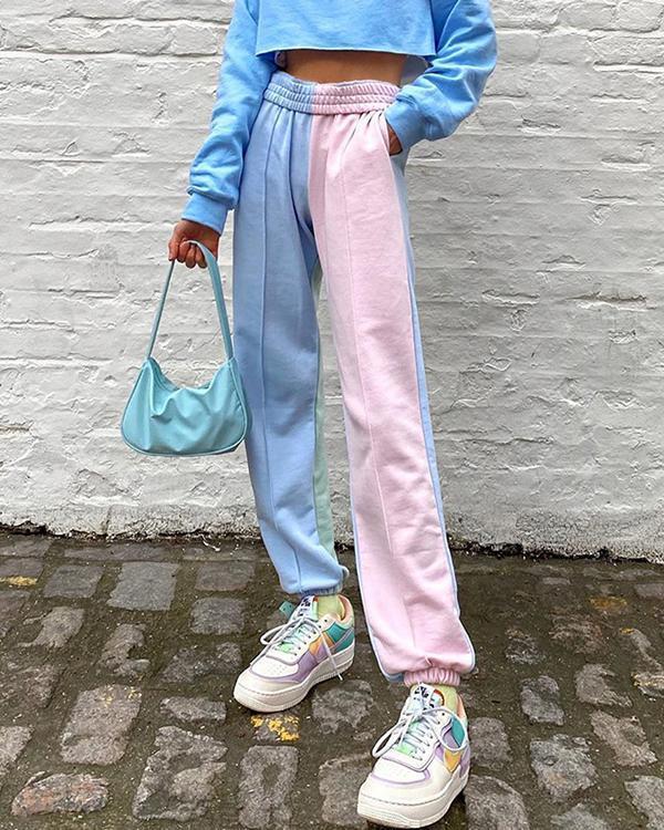 Pink Blue Patchwork Pockets High Waisted Fashion Long Pants