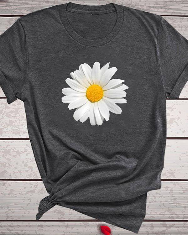 Flower Print T-shirt Ladies Short Sleeve Daily Tops