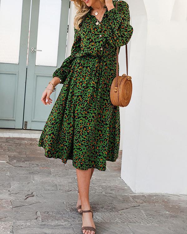 Leopard Print Half Button Blouson Shirt Dress