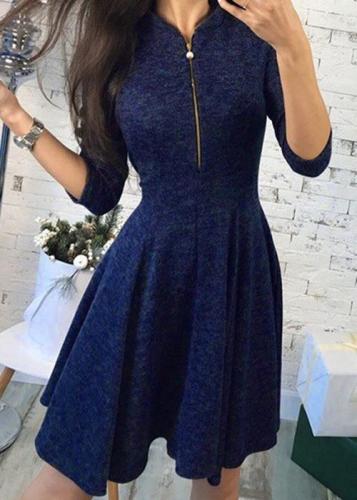 Autumn Fashion Women Bust Zippers Dress Solid Pleated V-neck Sexy Ladies Dresses