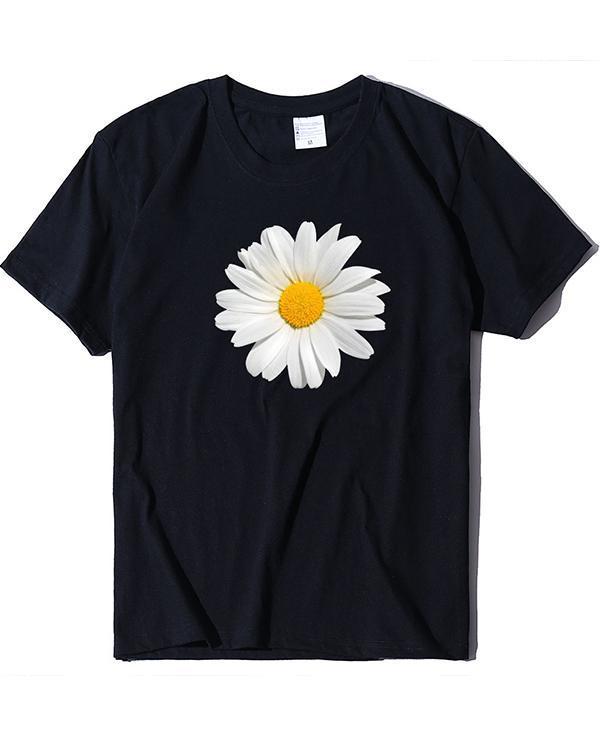 Flower Print T-shirt Ladies Short Sleeve Daily Tops