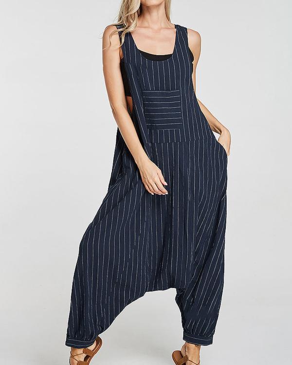 Cotton Sleeveless Casual Striped Suspender Jumpsuit