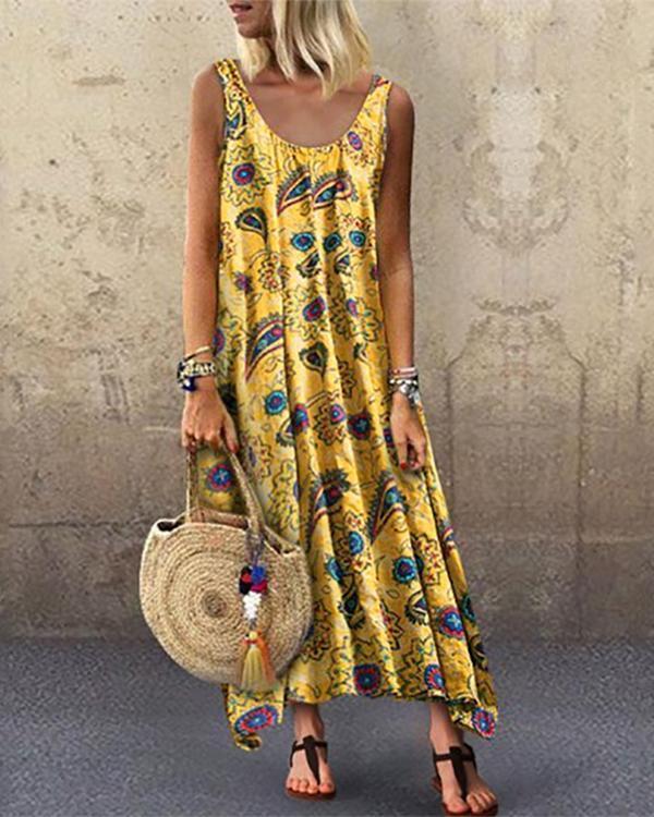 Printed Sleeveless Loose Round Collar Dress