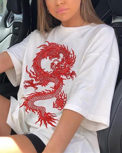 Personalized Dragon Print Loose Mid-length Short Sleeve Top Shirt