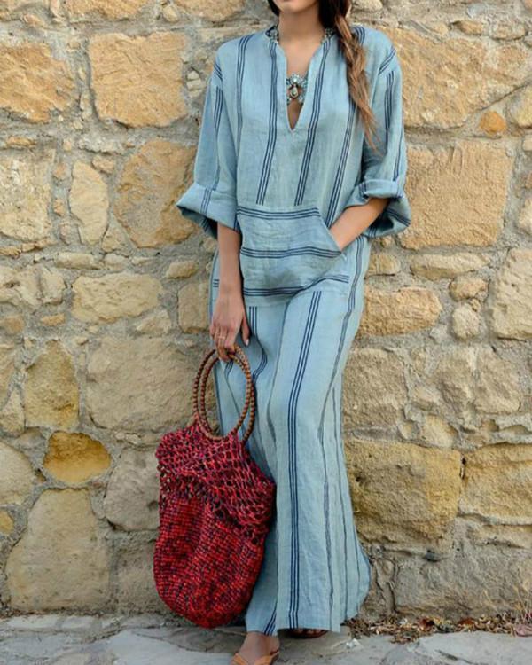 Casual Loose Maxi Dresses Cotton Linen Striped Long Sleeve Spring Dress