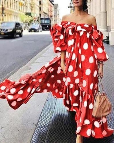 Off-shoulder Polka Dot Maxi Dress For Women
