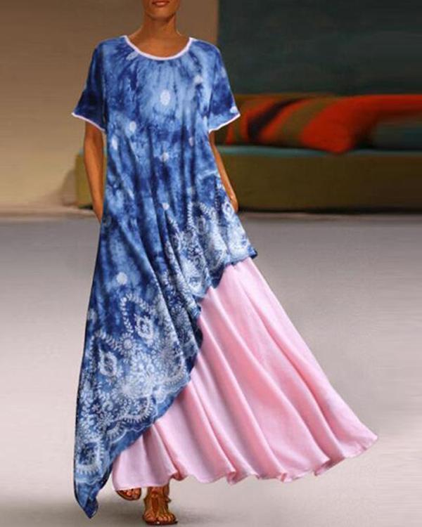 Paneled Floral Print Irregular Casual Maxi Dress