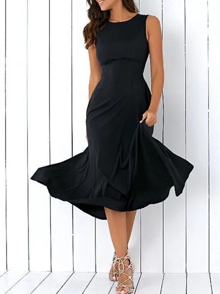Black A-line Women Sleeveless Pockets Solid Summer Dress