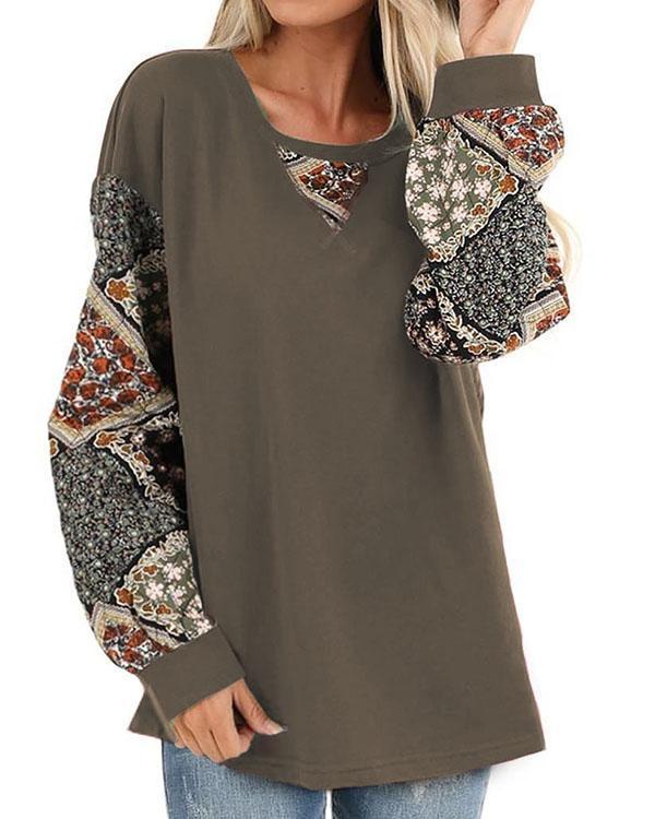 Dark Olive Patched Floral Quilt Print Blouses Long Sleeve Top