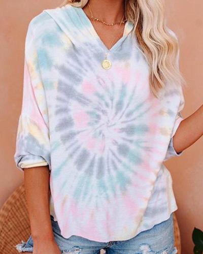 Ferris Wheel Tie Dye Knit Hoodie Long Sleeve Tops Blouse