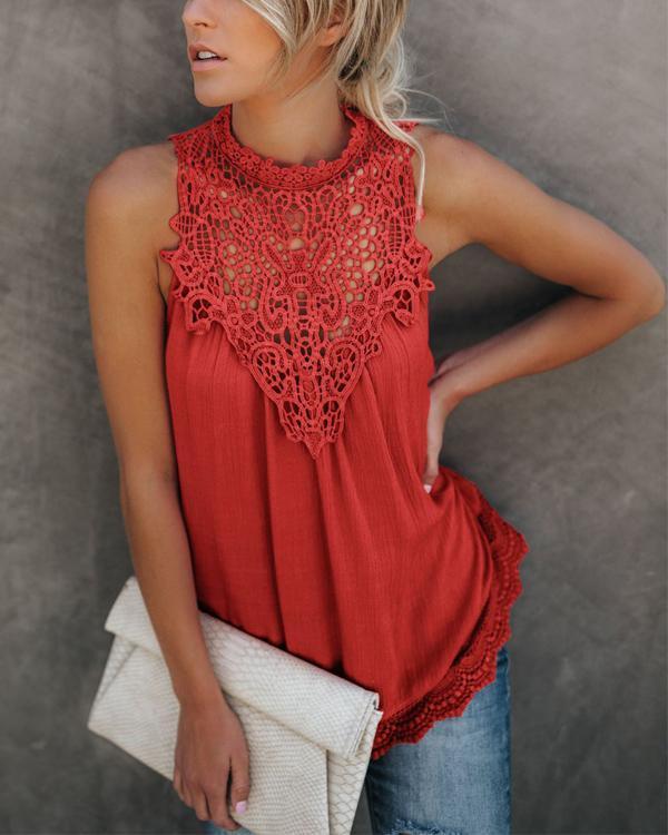 Fashion Lace Solid Sleeveless Crew Neck Blouses Tops