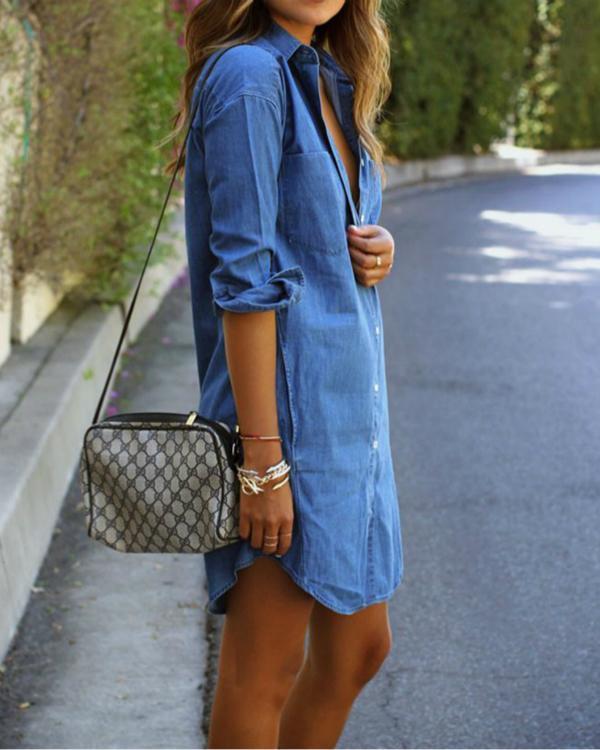Plus Size Blue H-line Denim Long Sleeve Casual Dress