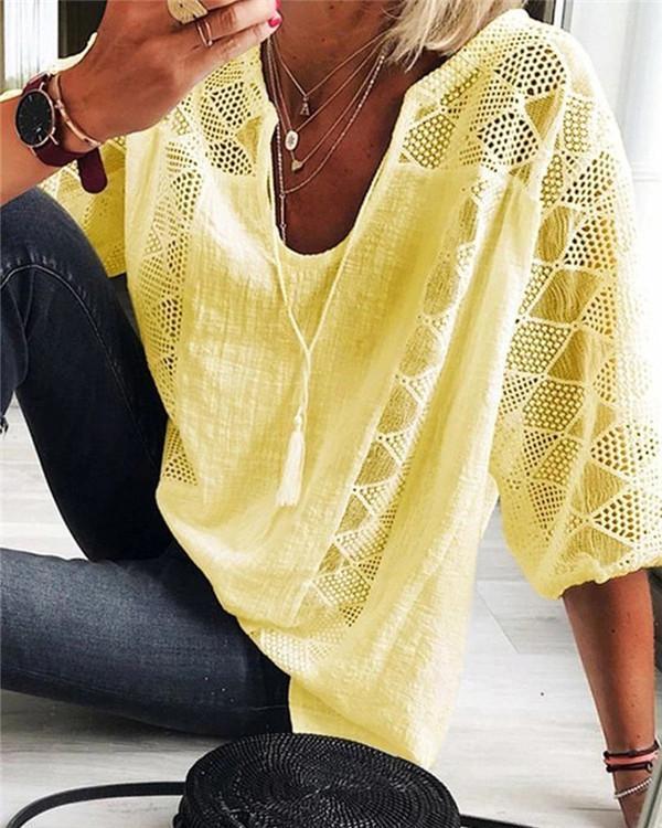 Ethnic Style Lace U Neck Solid Summer Women Holiday Daily Blouse