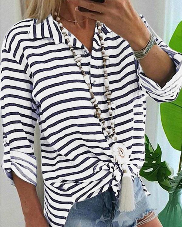 Casual Long Sleeve V-Neck Striped Blouse