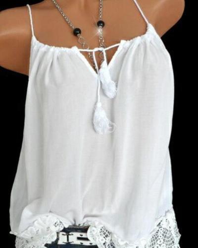 Lace Stitching Solid Color Sleeveless Strap Vest Tops