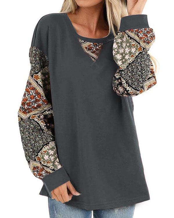 Dark Olive Patched Floral Quilt Print Blouses Long Sleeve Top