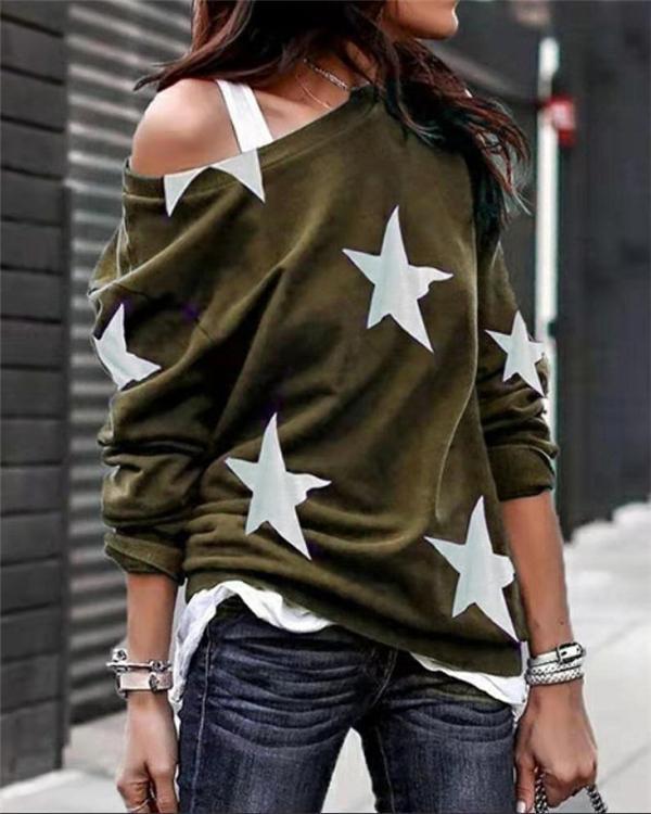 One Shoulder Star Printed Fall Loose  Daily Pullover Tops