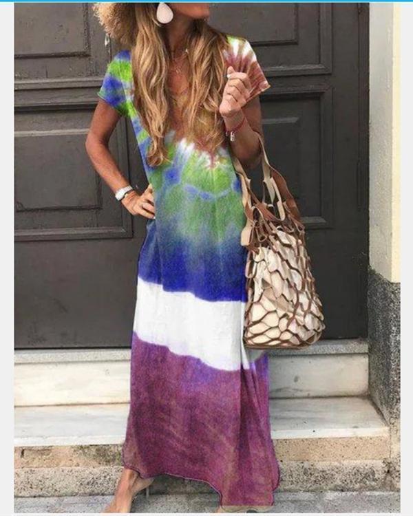 Crew Neck Casual Short Sleeve Gradient Maxi Dresses