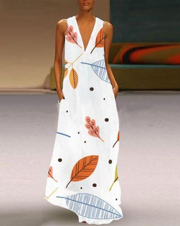 US$ 38.99 - Holiday Floral Printed Deep V-neck Sleeveless Pockets Dress ...