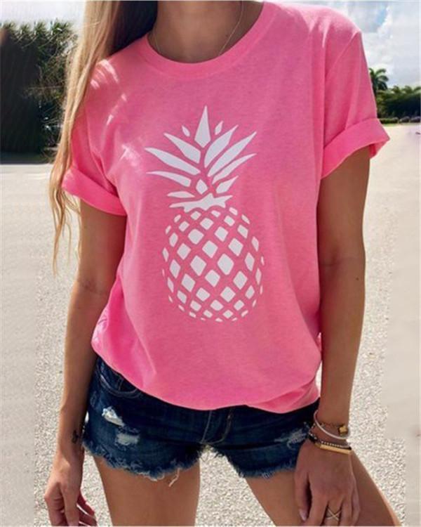Round Neck Pineapple Printed Women Summer Casual Tops