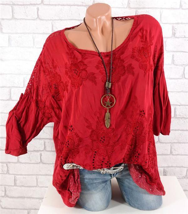 Embroidered Hollow Long-sleeved Blouses Plus Size Tops