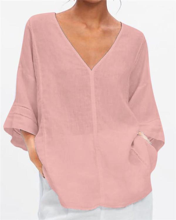 3/4 Sleeve V Neck Summer Solid Women Holiday Blouse