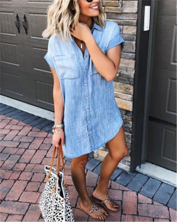 Women's Loose Denim Blouse Mini Dress Button Down Lapel Short Sleeve T-Shirt Tops with Pockets