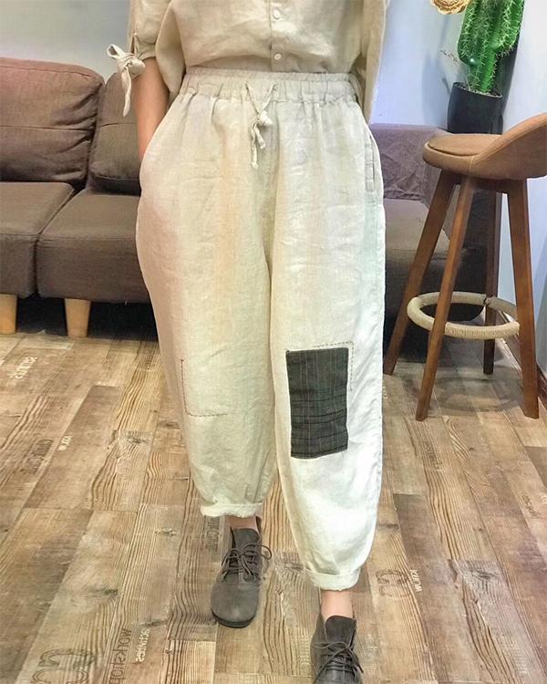 Retro Elastic Linen and Cotton Embroidery Pants