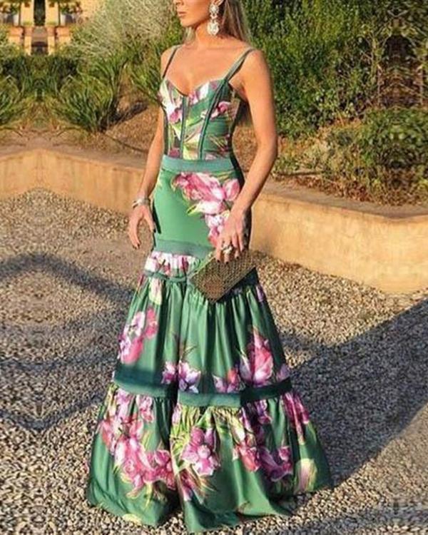 Fashion Sexy Floral Plunge Ruffles Layered Hem Evening Dress