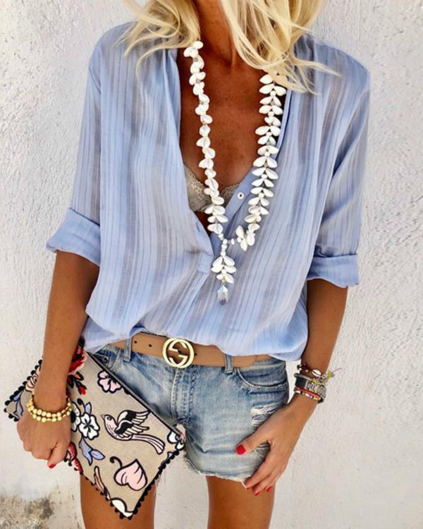 Fashionable Button V Neck Long-Sleeve Blouse