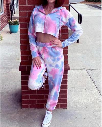 Pink-Blue Tie Dye High Waisted Hooded Two Piece Pajama Set