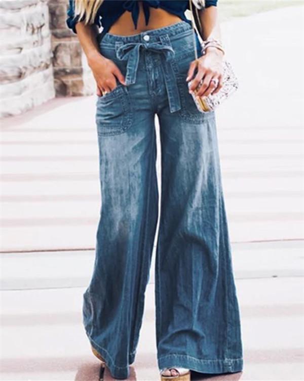 Blue Denim Casual Plain Pants