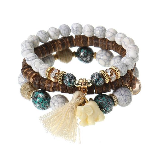 3 Pcs/set Bohemian Multilayer Beads Bracelet Wood Elastic Bracelet with Tassel Pendant Gift for Her