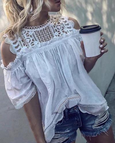 Fashion Crew Neck Half Sleeve Hollow Solid Blouses Tops
