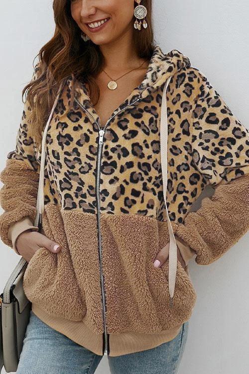 Leopard Zip-Up Patchwork Hooded Coat(5 Colors)