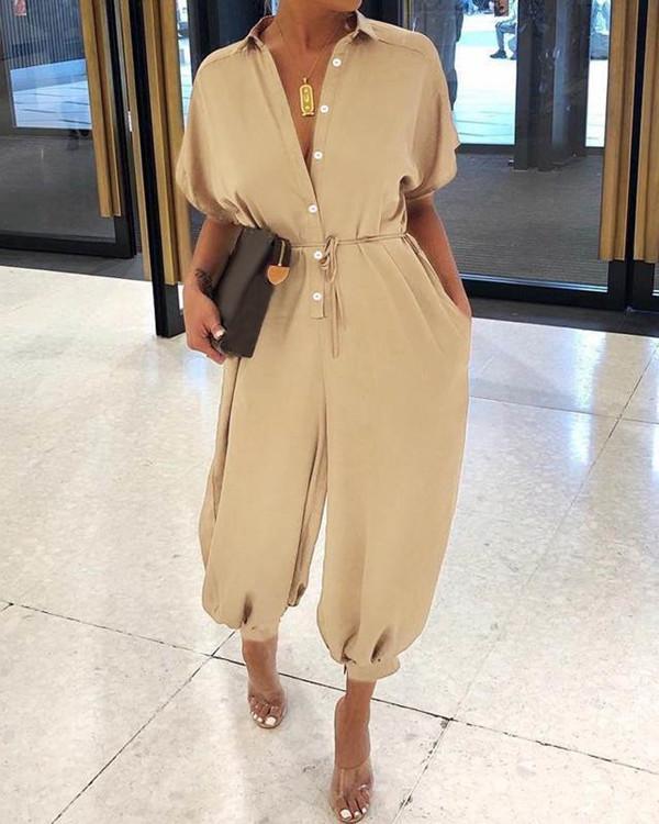 Solid Color Fold-Over Collar Single-Breasted Short-Sleeved Jumpsuit