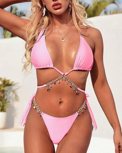 Rhinestone Starfish Tie Halter Bikini Set