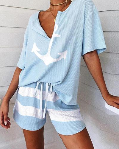 Boat Anchor Print Striped Short Sleeve Pajamas Set