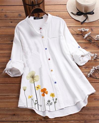 Flower Print Colorful Button Long Sleeve Shirt For Women