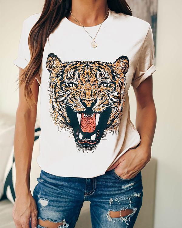 Vintage Pullover Short Sleeve Tiger Printed T-Shirts