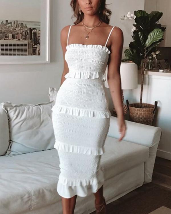 Fashion Slim Pleated Sling Cake Midi Dress