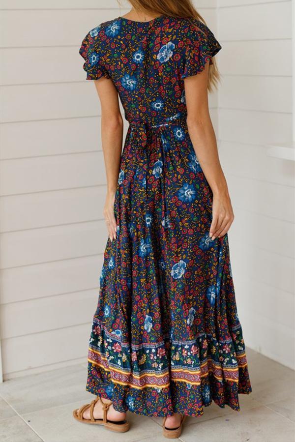 Ethnic Print Ruffled Sleeve Split Flower Wrap Belt Dress