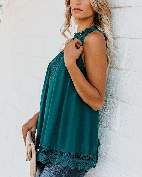 Fashion Lace Solid Sleeveless Crew Neck Blouses Tops