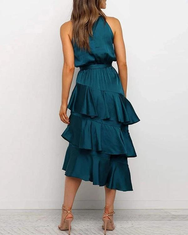 Elegant Solid Irregular Layered Skirt Tie Waist Maxi Dress