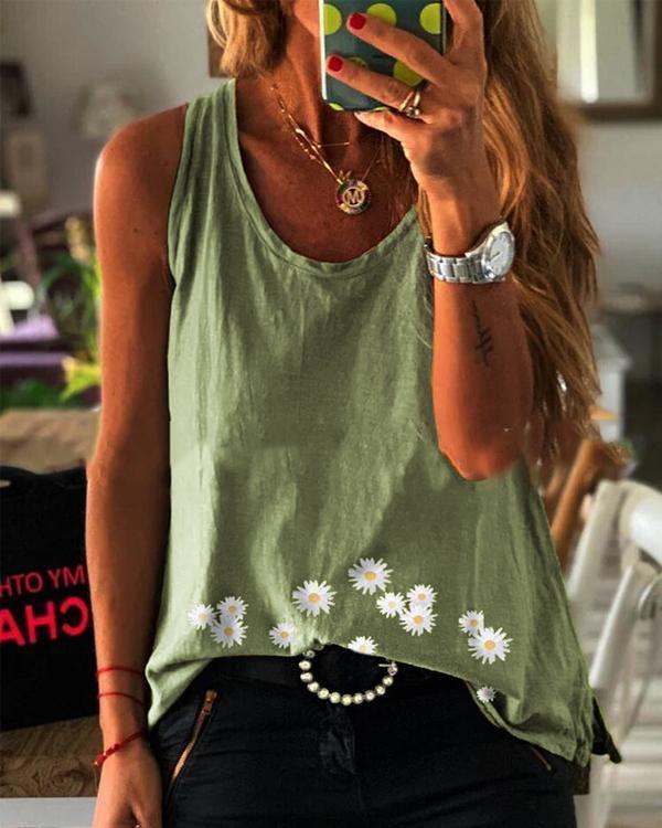 Paneled Sleeveless Daisy Print Casual T-shirt